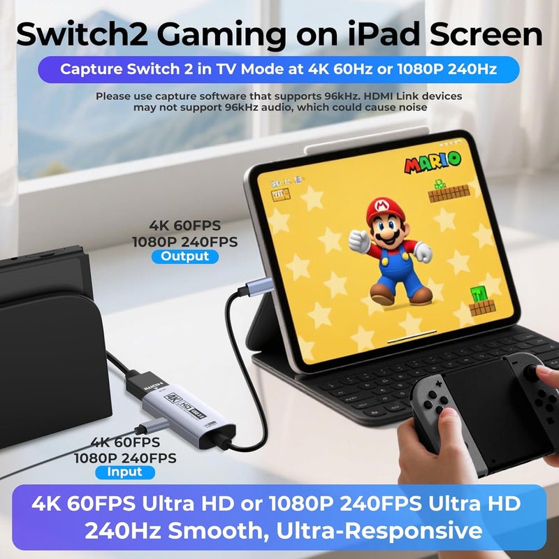 Guermok 4K USB3.0 Video Capture Card with PD 100W, 4K@60FPS or 2K@144FPS HDMI to USB-A/C Capture Card for Streaming, Works with Pad, Tablet, MacOS, Switch2/1, Laptop, PC, Camera, VR, Silver - Image 2
